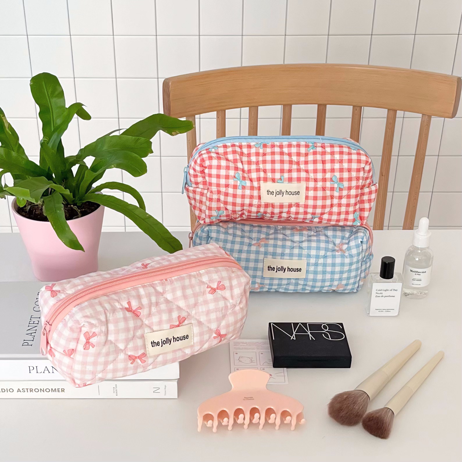 Fresh Plaid Bow Print Pencil Case Big Size Pen Bag Quilting Seam Stationary Storage Pouch