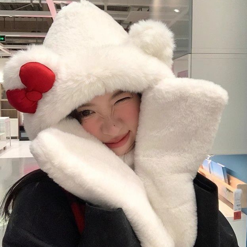 Gorro con lazo dulce de Hello Kitty, bufanda y guantes, conjuntos de felpa de 3 uds, gorros peludos de felpa cálidos y gruesos de invierno para mujer, conjunto de tres piezas