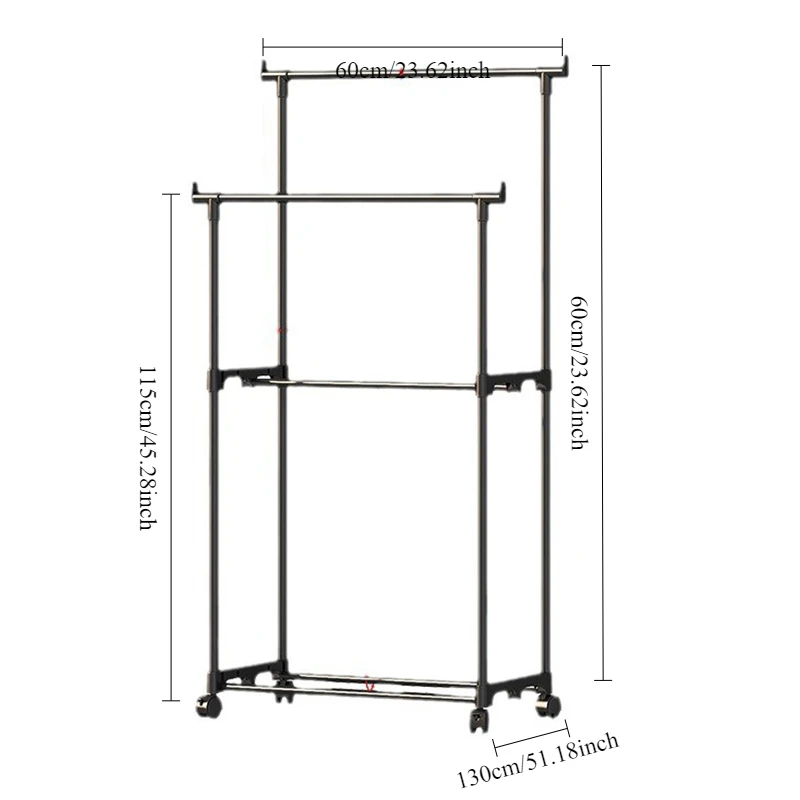 Doppel Stange Kleidung Rack Beweglichen Garderobe Schlafzimmer Wohnzimmer Teleskop Boden Kleiderbügel Mit Wheele Kleiderbügel Schuh Hut Lagerung Racks