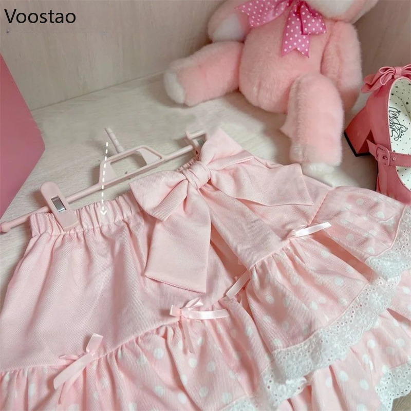 Mini jupe gâteau à volants rose de Style japonais, jupe courte d'été pour femmes, imprimé à pois, jupes à nœud coréen Kawaii pour filles