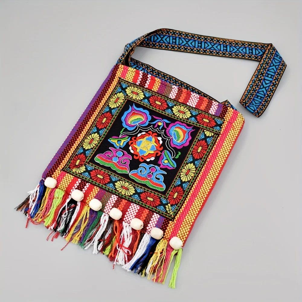Bolsa crossbody bordada estilo étnico Boho com decoração de borla para mulheres