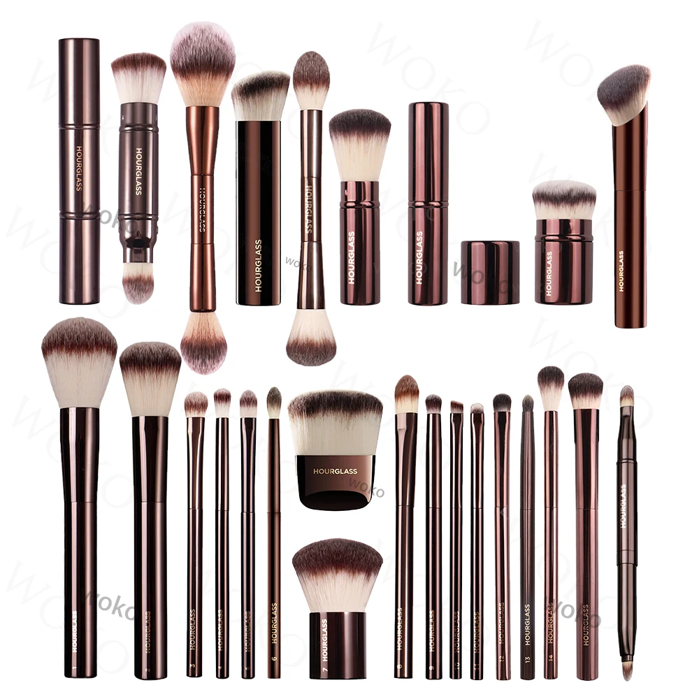 Cepillo corrector de reloj de arena, cepillo corrector en ángulo de pelo sintético, corrector de ojos, cepillo para mezclar, herramienta de maquillaje con mango de Metal marrón
