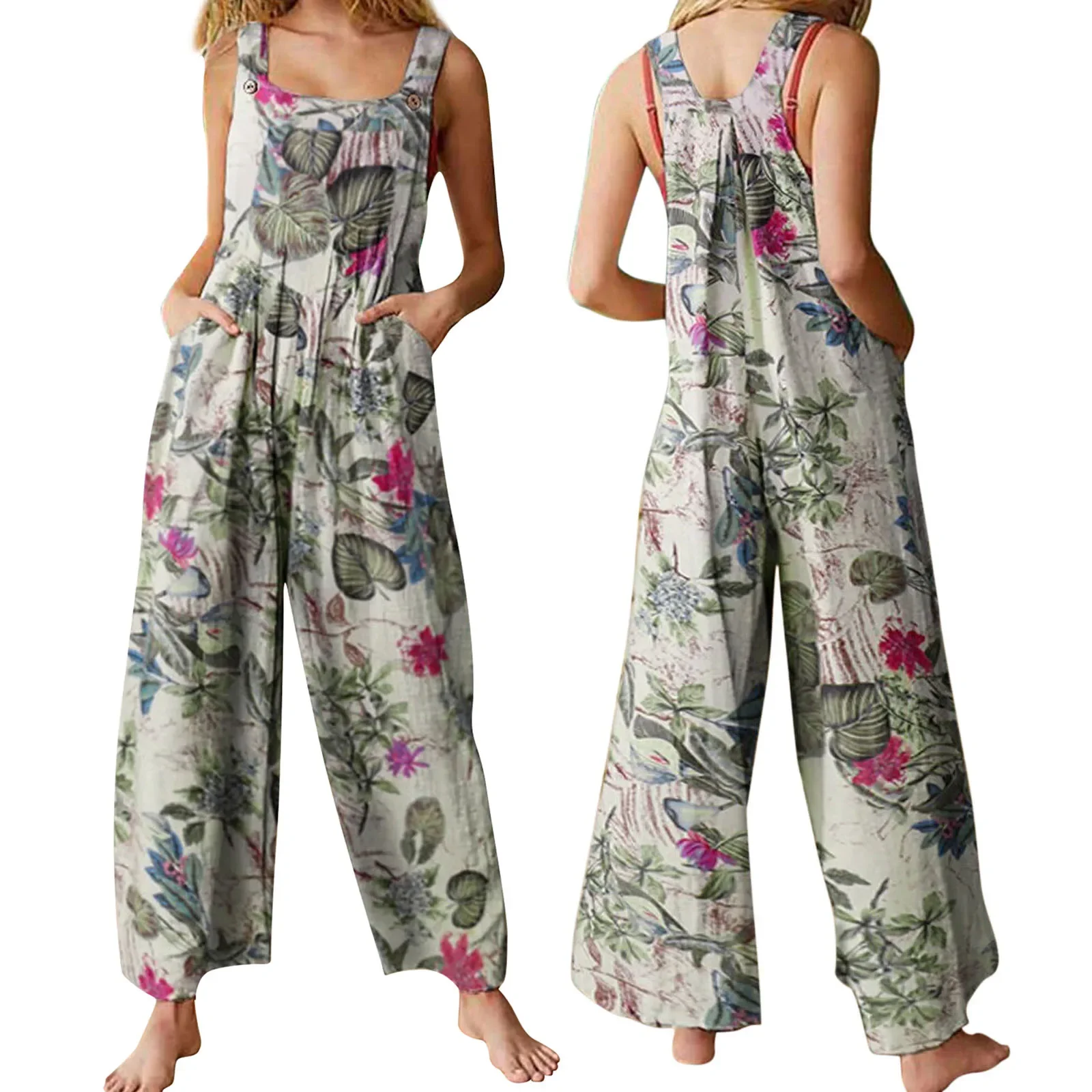 Combhasaki Damen-Overall, S-3XL, Baumwolle und Leinen, Blatt-Blumendruck, quadratischer Ausschnitt, ärmellos, lässig, lockerer Overall mit Taschen