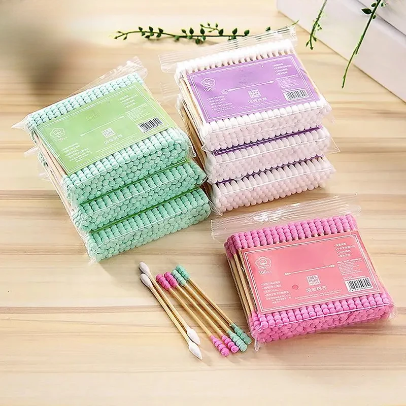 Paquete de 100 Uds. De hisopo de algodón de doble cabeza para maquillaje de mujer, punta de bastoncillos de algodón para palos médicos de madera, limpieza de nariz y oídos, herramientas de cuidado de la salud