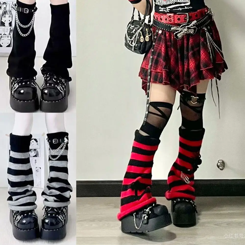 Gothic Damen Gestreifte Beinwärmer Schwarz Weiß Lolita Lange Socken Gestrickte Japanische Wintersocken Arm Knöchelwärmer Breite Beine Abdeckung