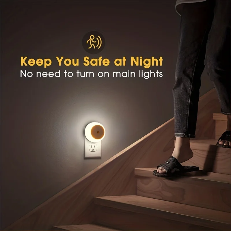 Luz LED nocturna enchufable con Sensor de atardecer al amanecer, luz nocturna de pared inteligente para baño, dormitorio, hogar, cocina, pasillo, lámpara redonda, 1 ud.