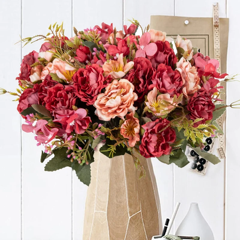 Ramo de flores artificiales para decoración del hogar, 5 tenedores, 8 cabezas, pequeño, peonía, plantas decorativas, coronas, jarrones, accesorios de boda