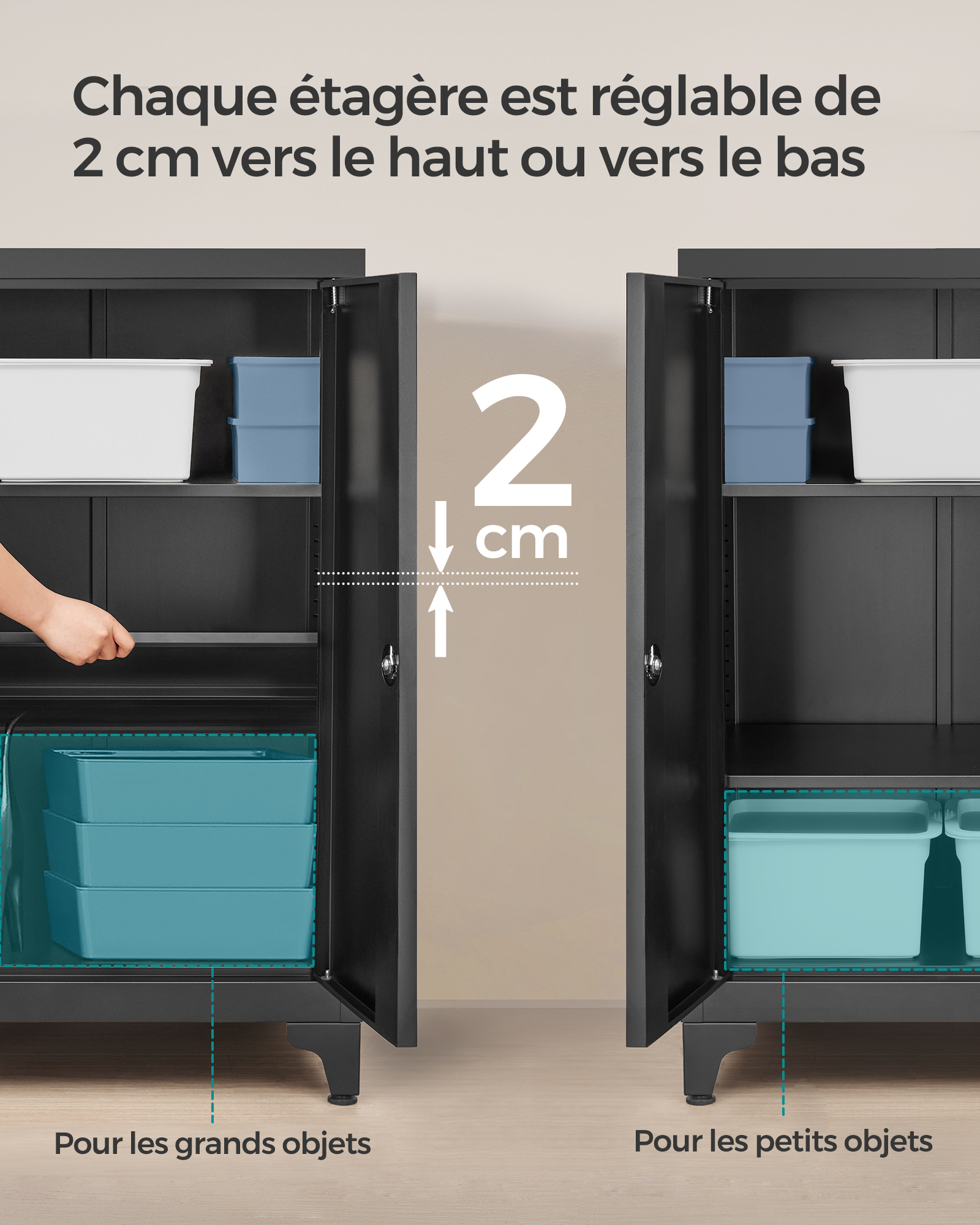 SONGMICS Caisson de Bureau, Placard Polyvalent, Armoire de Bureau à 2 Portes, Verrouillable, Meuble de Rangement en Acier, pour Bureau, Salon, Noir Mat