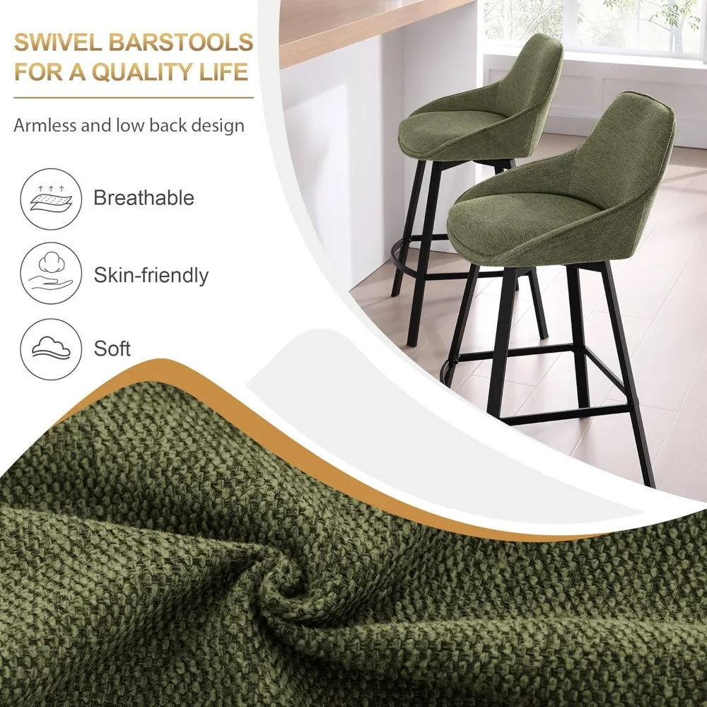 Swivel Bar Stools Set of 2 Modern Counter Height Barstools with Backs Linen Fabric High Chairs for Island Kitchen