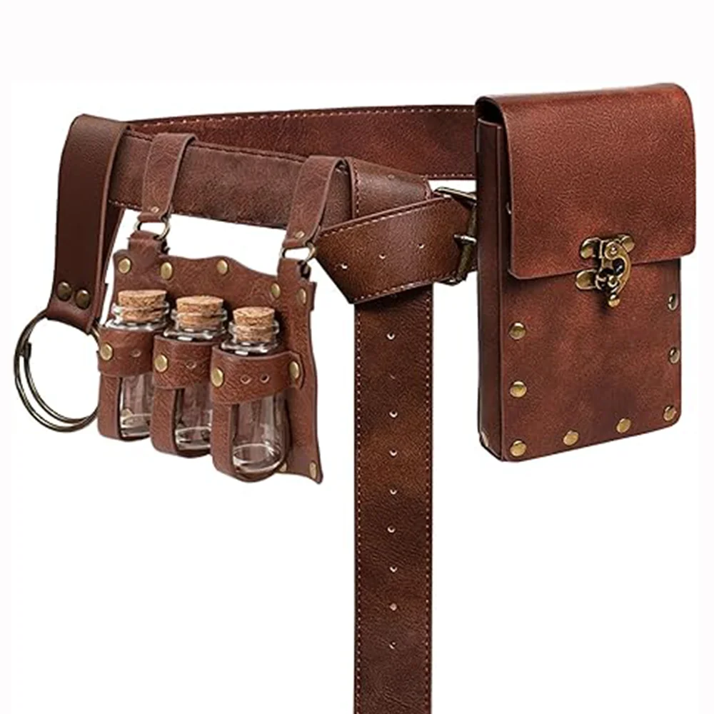Accesorios de disfraz renacentista, bolsa para cinturón, 3 botellas de poción, soporte de cuero, Festival Medieval, disfraz de Halloween, conjunto de cintura con cinturón