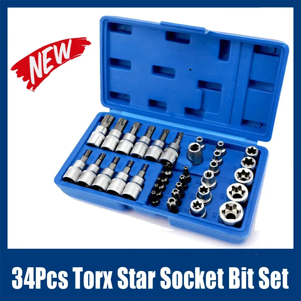 Professional 34pcs Torx Bit Socket & E-Torx Star Socket Set 1/4" 3/8" 1/2" Drive Male Female E-torx Bits Handheld Tool with Case