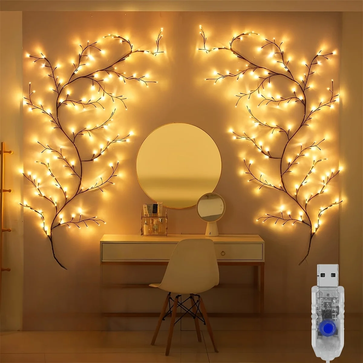 96 LED Elastyczne Lampki w Kształcie Wierzby, 8 Trybów, Dekoracyjne Lampki z Rattanu, Lampka Nocna, Do Ściany, Sypialni, Wewnątrz, Na Zewnątrz, na Boże Narodzenie