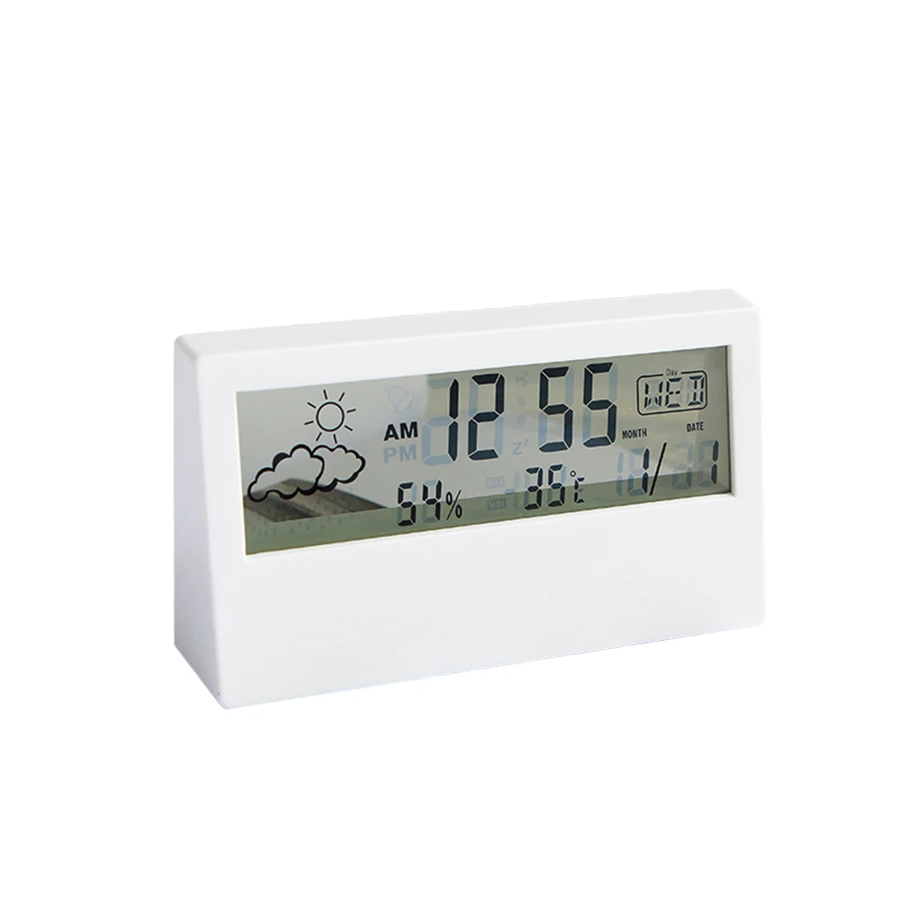 หน้าจอ LCD เครื่องวัดอุณหภูมิดิจิตอลมัลติฟังก์ชั่นอิเล็กทรอนิกส์อุณหภูมิความชื้นบ้านพร้อมนาฬิกาปลุกสําหรับเด็กนักเรียน