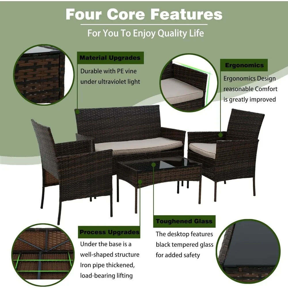 4 Pieces Patio Furniture Set Rattan Outside Furniture Wicker Sofa Garden Conversation Sets with Soft Cushion and Glass Table for