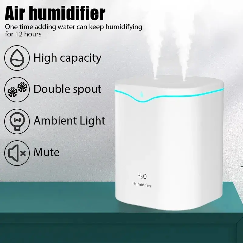 Grote capaciteit Dual Spray-luchtbevochtiger USB Home Slaapkamer 2L Stille wateraanvuller Luchtreiniger Draadloze waterverspreider Kantoor