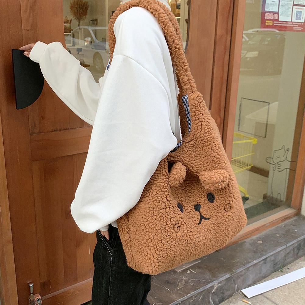 Bolso escolar con bordado de dibujos animados para mujer, bolsa de mano de felpa suave, bolso de compras, bolso de hombro, lindo, invierno, nuevo, B5K9