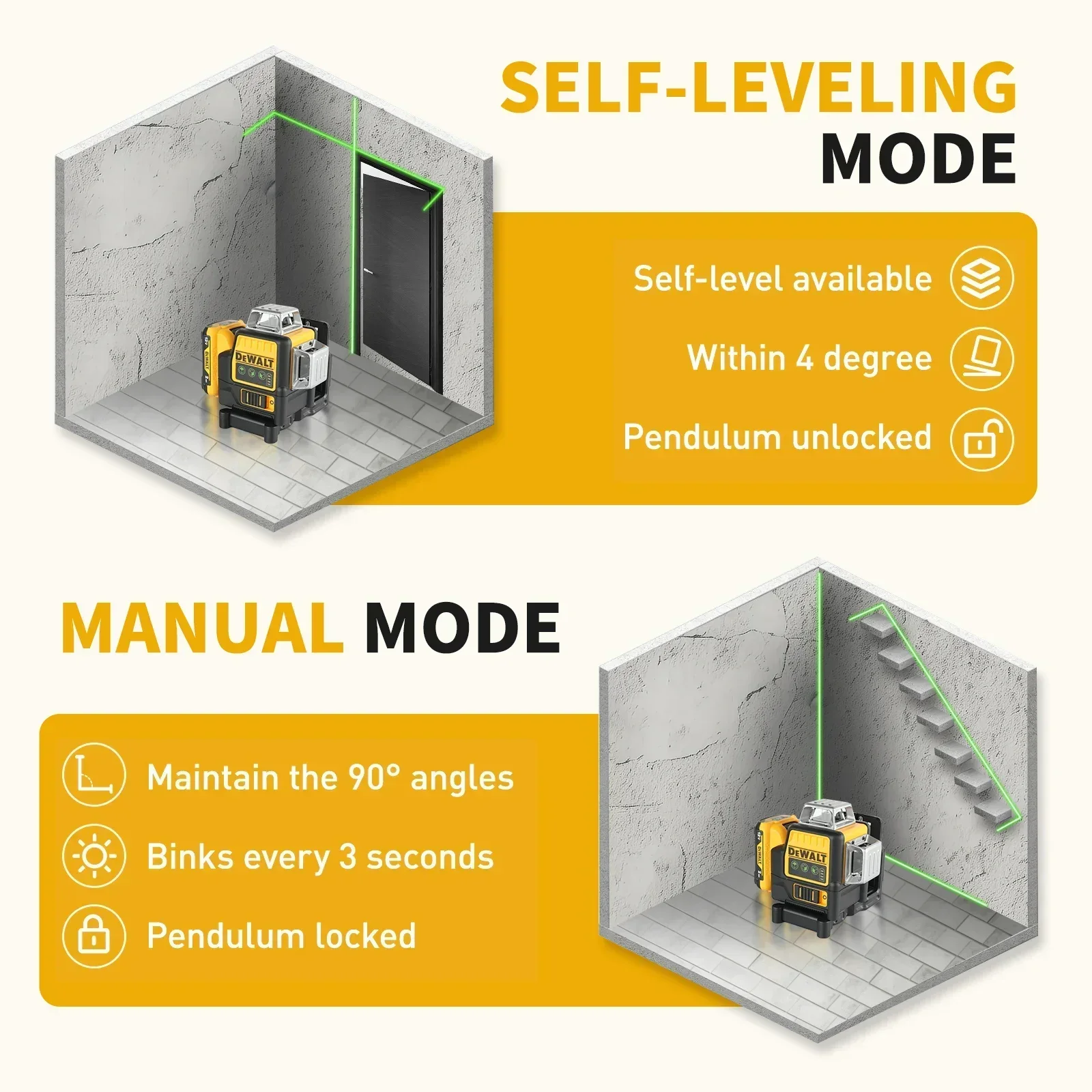 2025 Dewalt DW089LG 12 lignes 3 côtés * 360 degrés Vertical 12V batterie au Lithium niveau Laser compteur vert horizontal extérieur