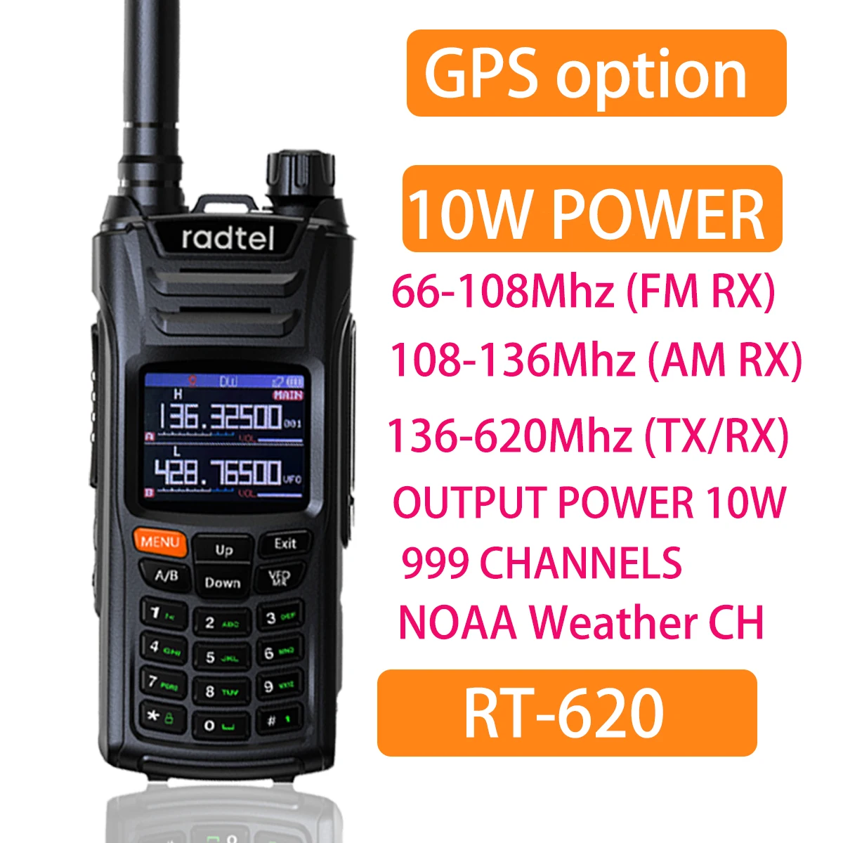 Radtel RT-620 gps 10w 136-620mhz amateur ham zwei weg radio 999ch air band walkie talkie farbe lcd polizei noaa luftfahrt