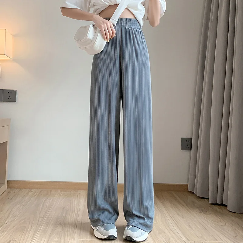 Calça feminina larga de seda no gelo, chiffon fino, cintura alta, calça reta solta, moda casual, coreana, flácida, primavera e verão, 2024