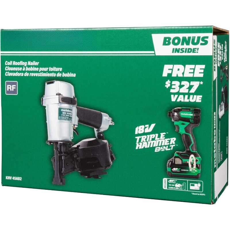 Pneumatic Roofing Nailer + 18V Impact Driver Pro Bundle Kit, 1-3/4-Inch Coil Roofing Nailer with BONUS