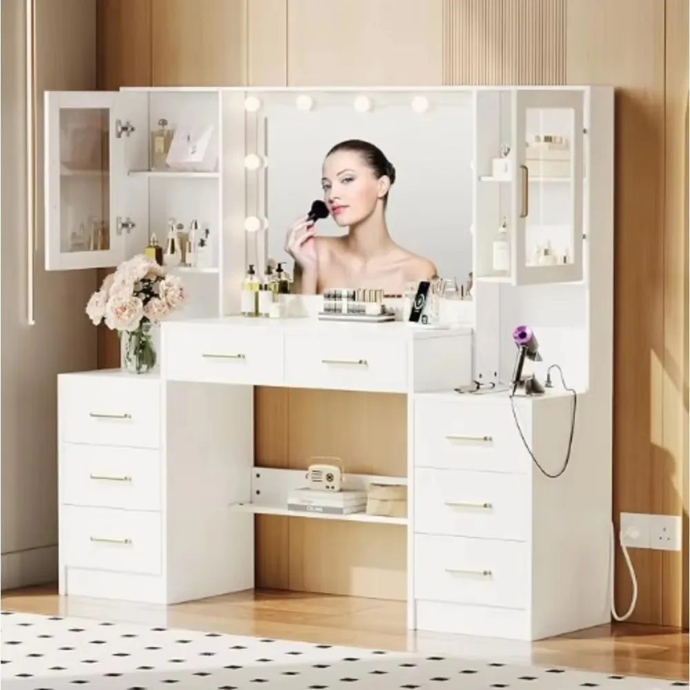 58.3" Makeup Vanity Desk with Charging Station, White Makeup Dressing Table with Mirror & Lights, 3 Lighting Modes Adjustable