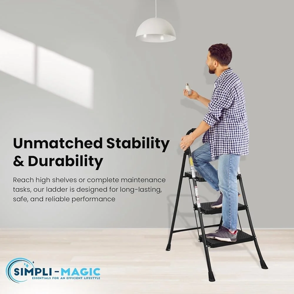 3-Step Folding Ladder 800lbs Capacity Non-Slip Wide Steps Handgrip ANSI Certified Lightweight Durable Portable Step Stool