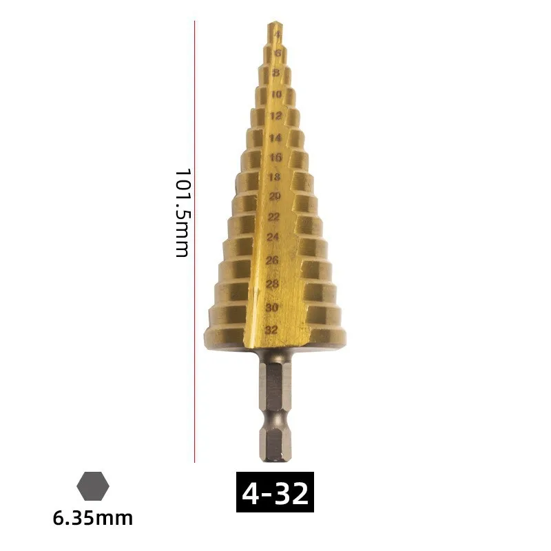 Punta da trapano a gradino HSS 4-32mm Esagonale in titanio Foro a cono Taglierina Alesatore multifunzione Piastra in ferro Piastra in alluminio Foratura Trapano per carotaggio in metallo