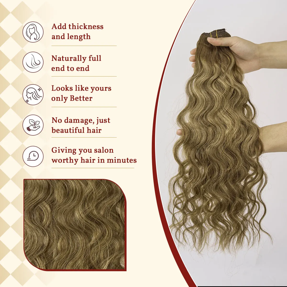 12A vague naturelle pince dans les Extensions de cheveux humains 100% Remy pince de cheveux humains en 120G 7 pièces/ensemble tête complète pour les femmes 14-24 pouces