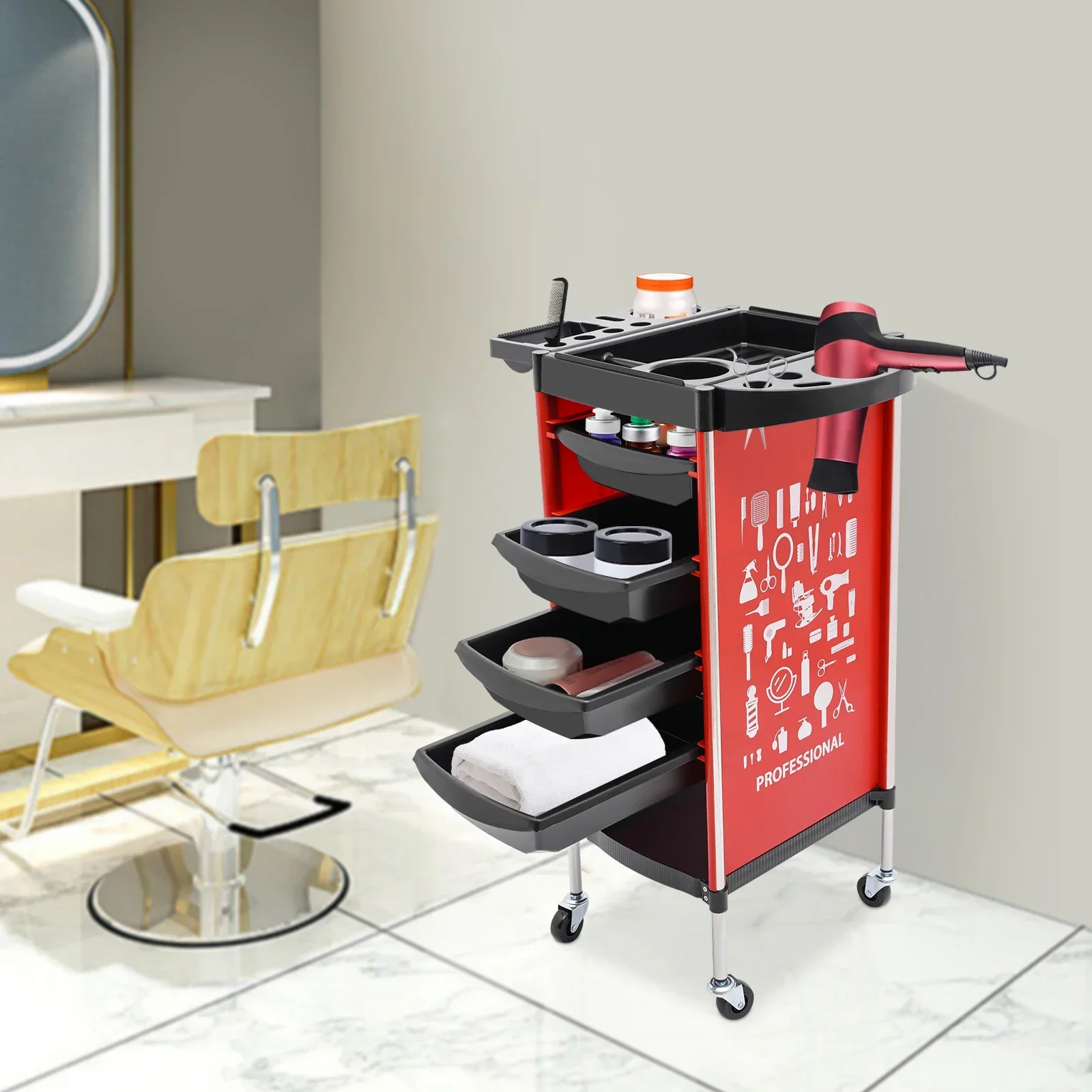 Carrello da salone con 4 cassetti, carrello da barbiere per parrucchiere a 6 livelli, carrello per attrezzi mobile con carico da 50 kg per carico di strumenti per lo sposo Bianco/Nero/Rosso/Verde