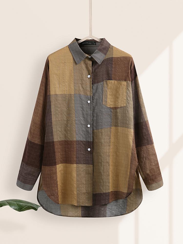 ZANZEA VintageแขนยาวBlusasผู้หญิงแฟชั่นไม่สม่ําเสมอเสื้อขนาดใหญ่หญิงสบายๆ 2024 ฤดูร้อนลายสก๊อตเสื้อ