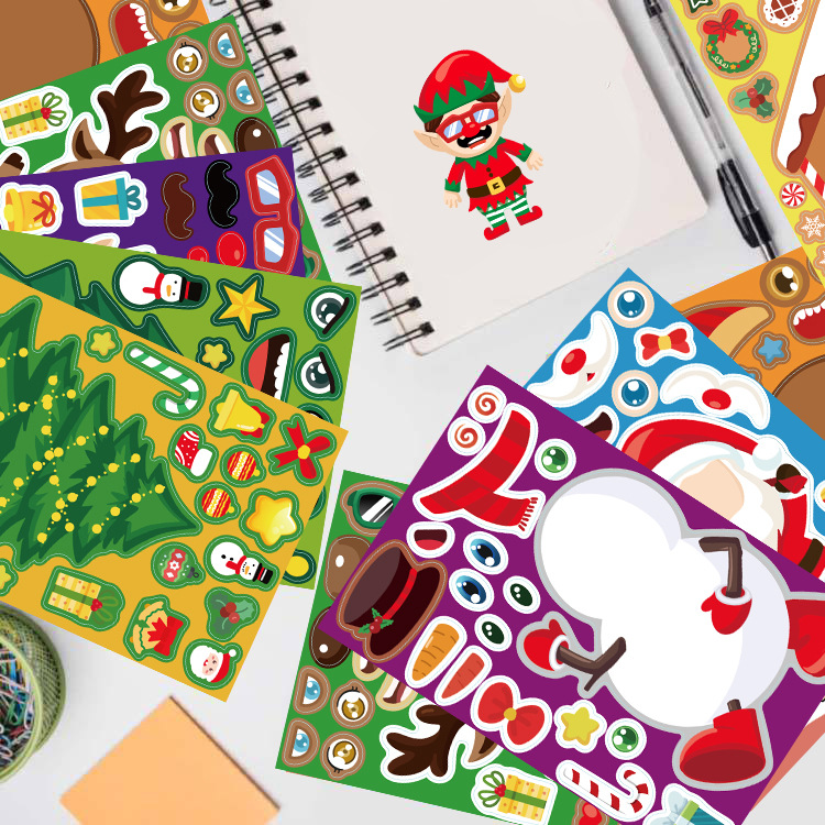 子供のためのクリスマスステッカー,ジグソーパズル,フェイスメイク,サンタクロースの作成,パーティーの装飾,おもちゃ,8枚