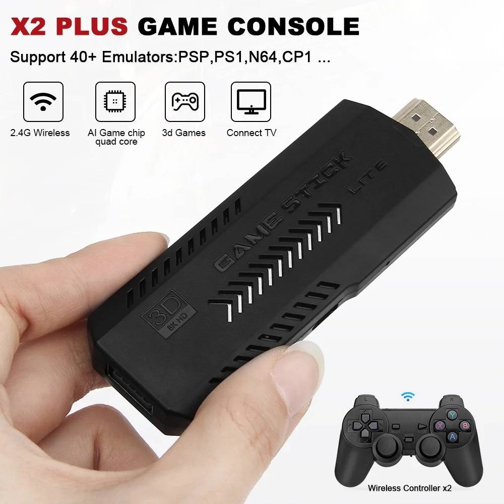 X2 Retro Video  Game Console Stick HD 64GB Retro Classical Games Dual Wireless Controllers Video Game Consoles for Gift