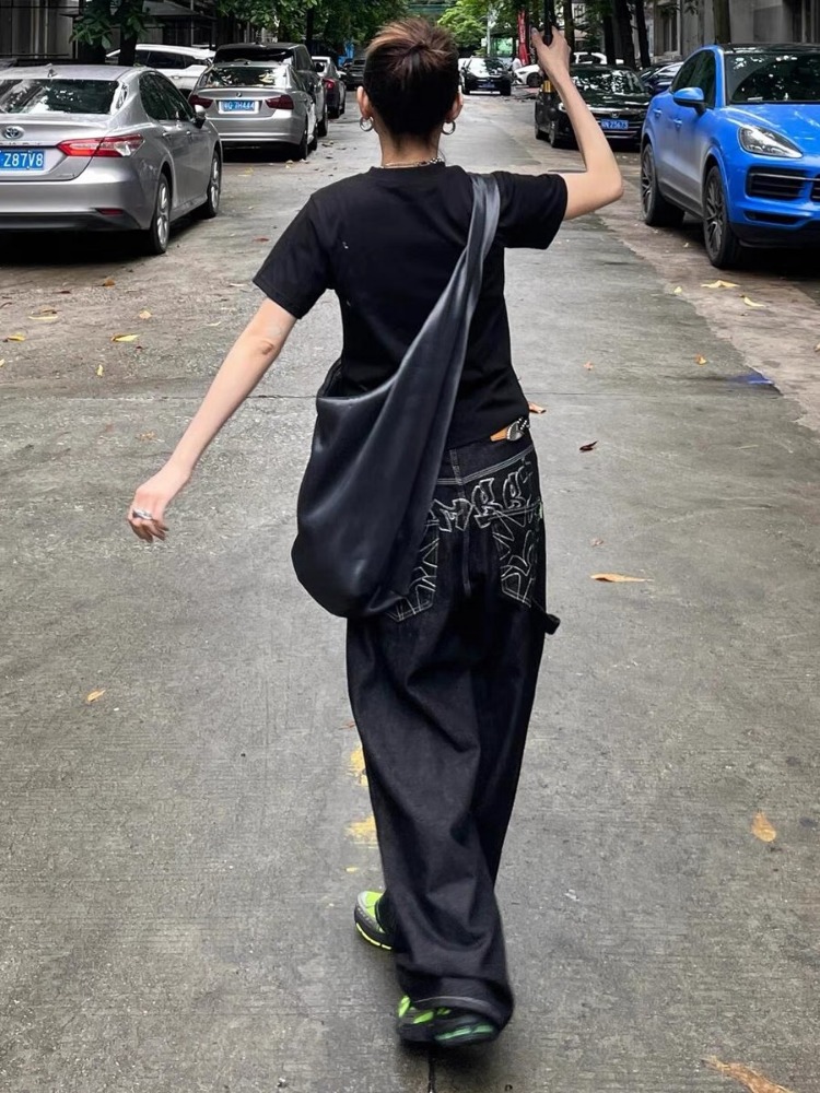 HOUZHOU ヴィンテージ刺繍黒ジーンズ女性特大ストリートグランジ Y2k だぶだぶのデニムパンツボーイフレンドジーンズヒップホップゴシック