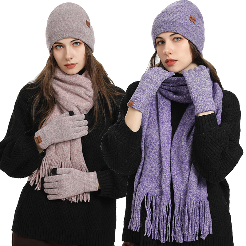 Gorro de punto de felpa a la moda, bufanda, guantes para hombres y mujeres, conjunto de tres piezas de hilo de lana cálido para invierno, accesorios de ropa, regalo