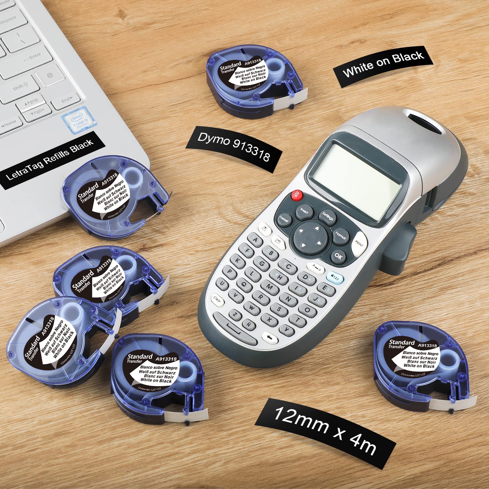 91200 91331 Dymo Letra タグプラスチックテープ 12 ミリメートル * 4 メートル白地に黒 LT 91331 12267 LT 91201 12267 LT-100H LT-100 用