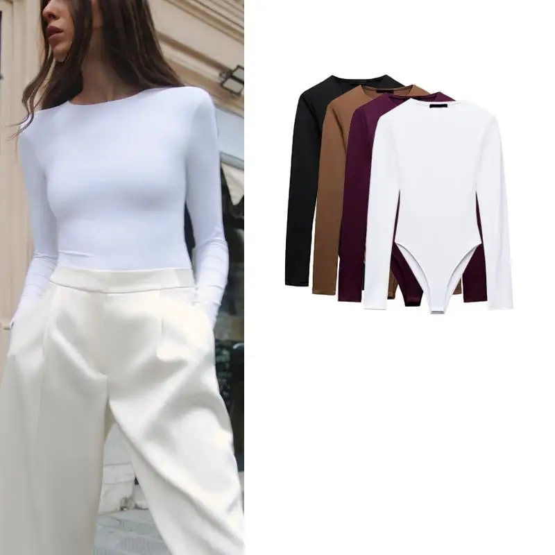 Novo Bodysuit F de Manga Longa em Nylon com Decote Redondo para Outono/Inverno, Calças Curtas de Cintura Alta Estilo C...