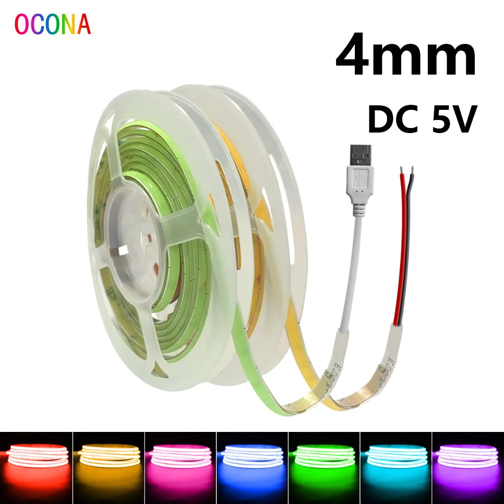 4Mm DC 5V Màu USB COB Dây Đèn Cho Trò Chơi Máy Tính Bàn PC Trang Trí Đèn LED 480 Màu Hồng/Đỏ Trắng LED Băng Nơ Siêu Mỏng 3V