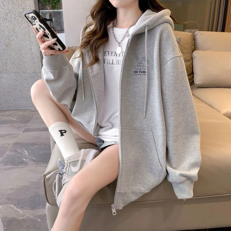 Sudaderas con capucha deportivas con estampado bordado para mujer, chaqueta holgada informal de manga larga con cremallera, abrigos, sudaderas con capucha Harajuku, ropa de calle