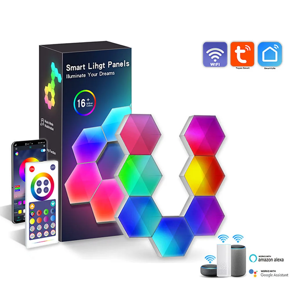 TuYa WiFi Thông Minh Bluetooth LED RGB Lục Giác Lượng Tử Ánh Sáng Ban Đêm Trong Nhà Đèn Cho Trò Chơi Trang Trí Phòng Ngủ Bầu Không Khí Đèn