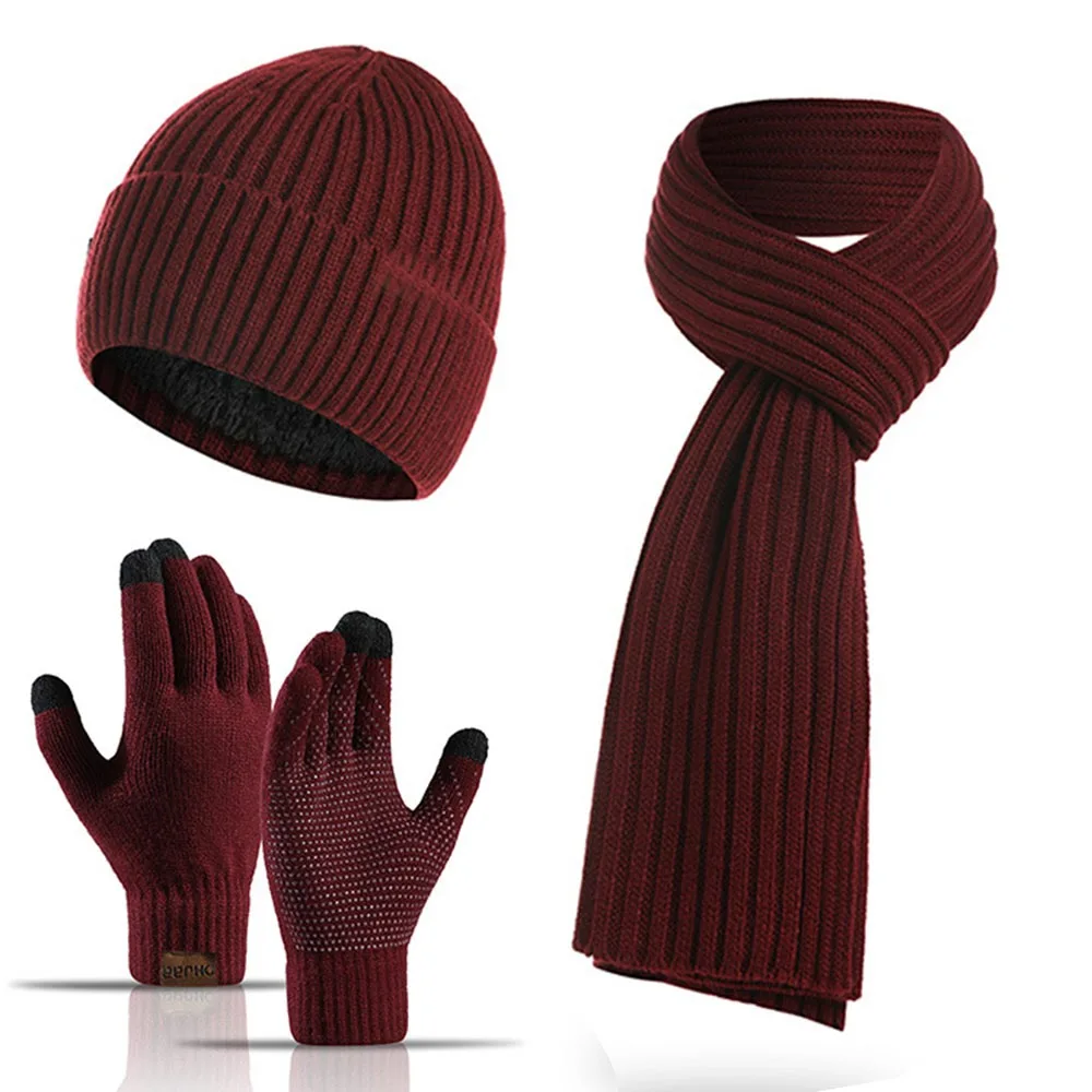 Fashion Thickened Beanies Scarf Gloves Set Unisex Fleece-lined Beanie Hat Winter Warm Knit 3 in 1 Set for Women & Men