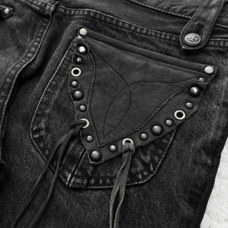 Y2K Black Washed Denim Pants Vintage Cross Leather Detail Micro Flared Jeans Punk High Street Western Cowboy Unisex Streetwear