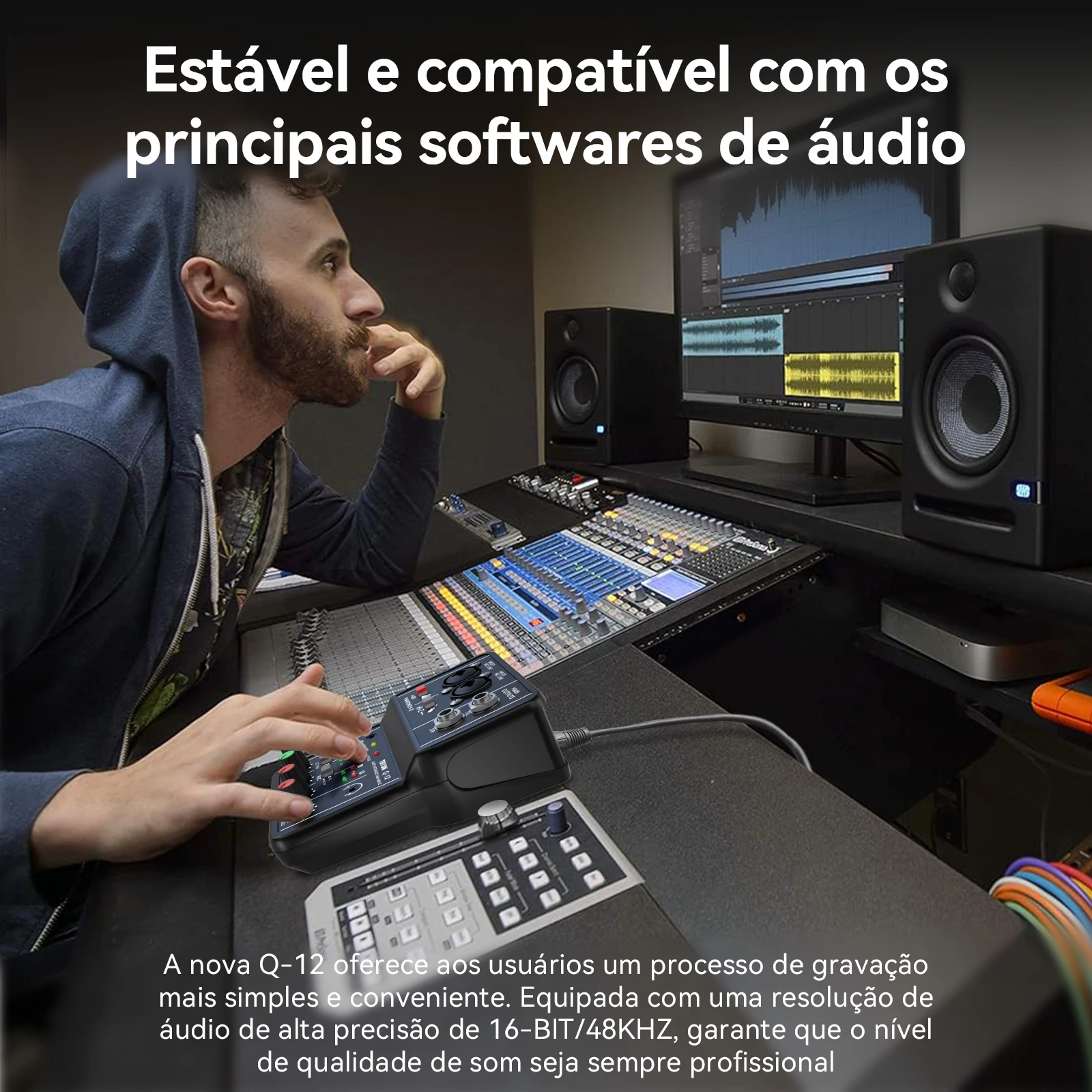 Teyun Q-12 placa de som misturador de áudio placa de som console interface do sistema de mesa 4 canais 48v potência estéreo placa de som do computador