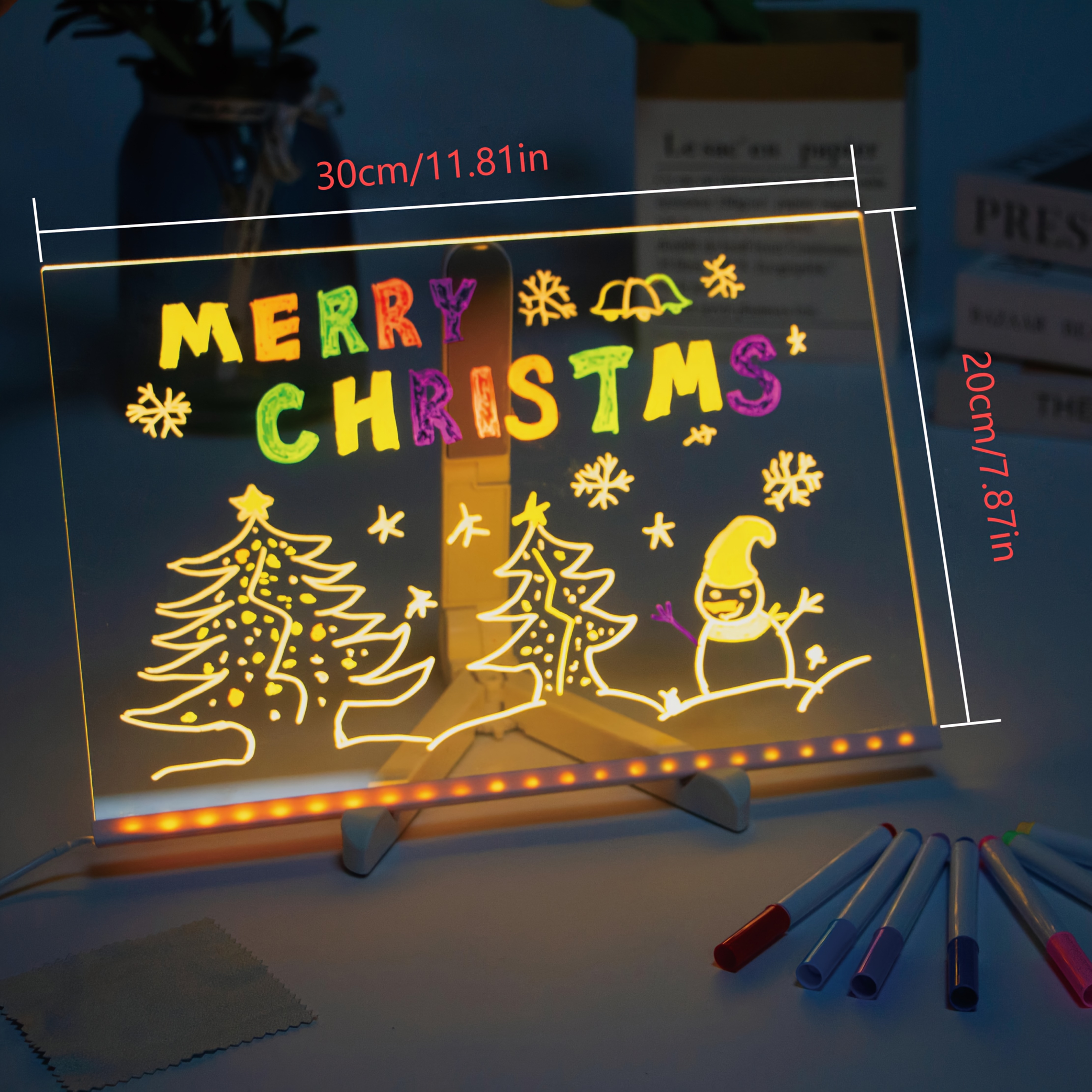 1Pc Led Light up Drawing Board, Erasable Acrylic Message Board with 7-Color Pen&Night Light&Base Stand&Wipe Cloth,Usb Powered for Creative Activities, Reusable Doodle Board with Stand,Safe Non-Toxic Material,Acrylic Message Board,Drawing Board