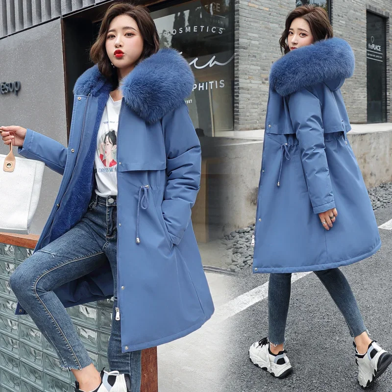 Parka de inverno 2024 novas mulheres jaqueta roupas casaco longo forro de lã com capuz jaqueta gola de pele grosso quente neve wear moda parka