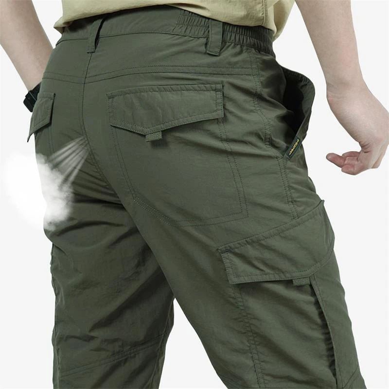 Calça cargo tática masculina de verão, leve, casual, à prova d'água, resistente ao desgaste, multibolsos, caminhadas ao ar livre
