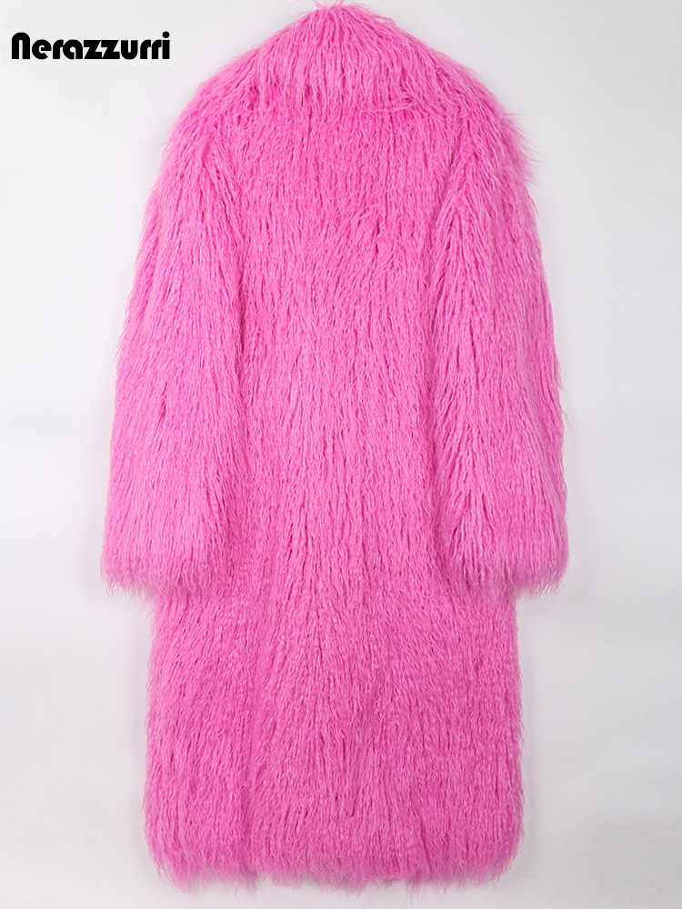 Nerazzurri Winter Lange Helle Rosa Übergroßen Shaggy Haarigen Weichen, Flauschigen Dicke Warme Faux Pelzmantel Frauen Revers Runway Nette Mode