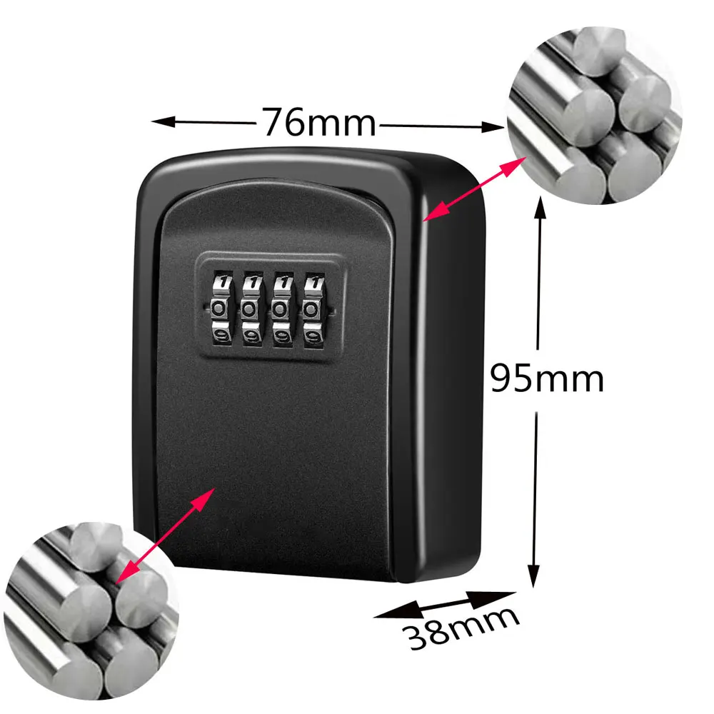 Black Metal Key Lock Box Outdoor Wall Mounted Key Holder Organizer 4 Digit Combination Password Security Lock Storage Secret Box