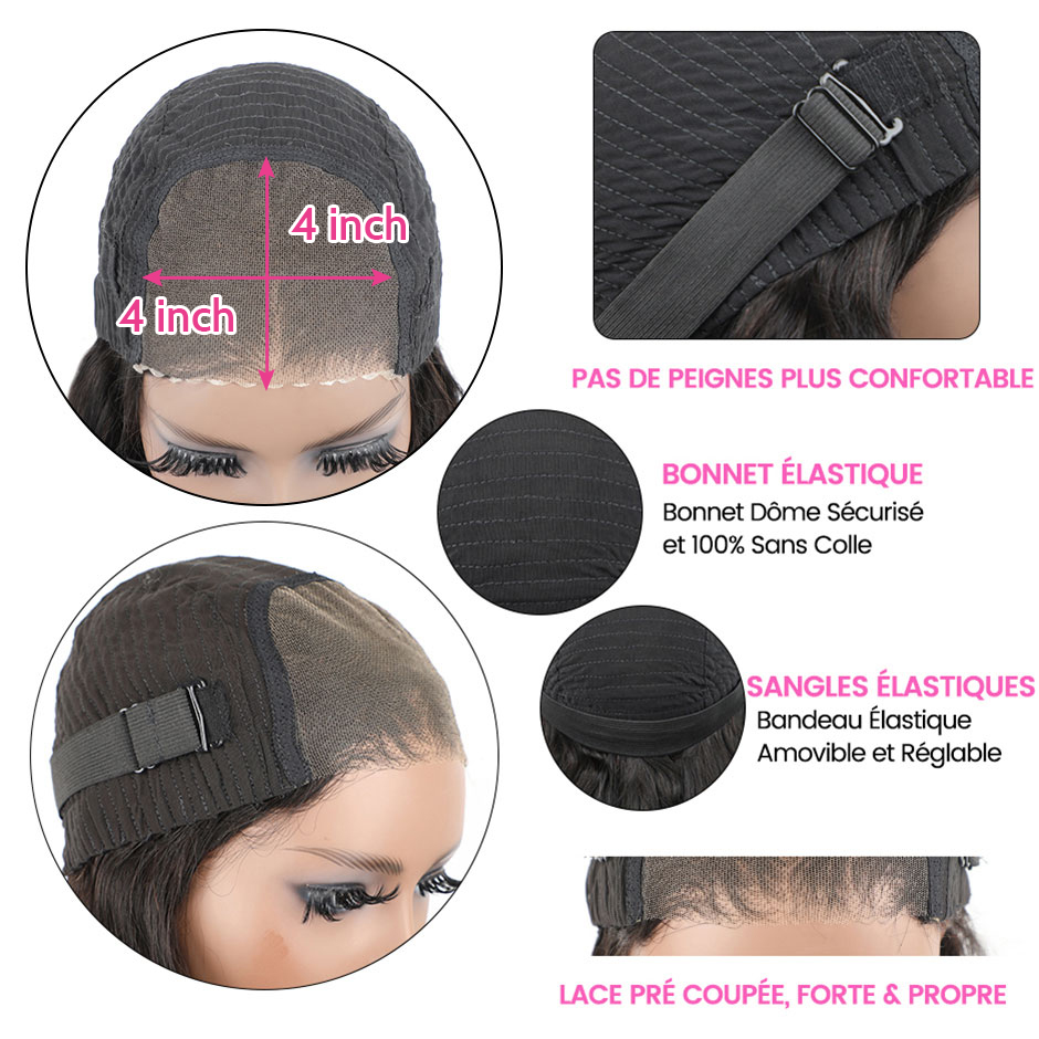 Perruque Lace Wig sans colle ondulée, cheveux naturels bouclés, pre-coupés, 180% pré-épilés, pour femmes