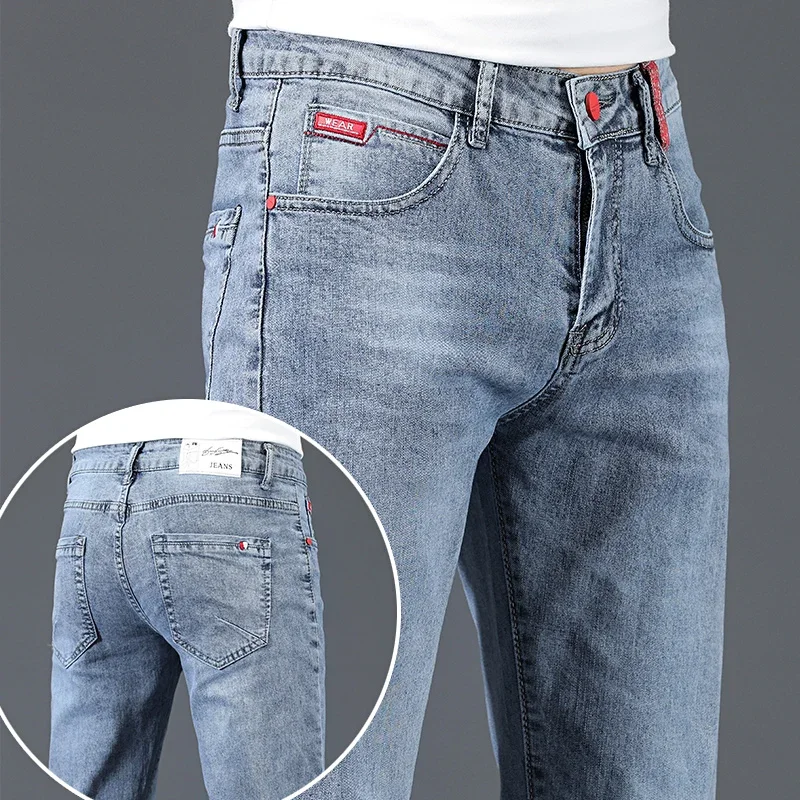 2024 nuevos pantalones vaqueros ajustados informales de negocios de algodón para hombres pantalones vaqueros ajustados rectos elásticos a la moda para hombre azul gris