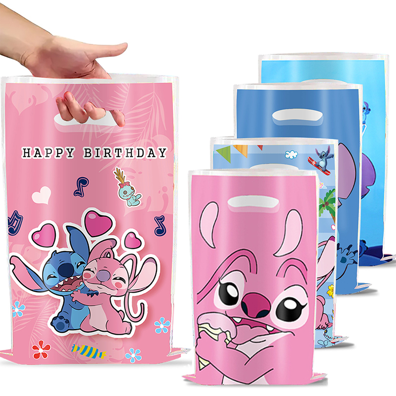 10 Uds. Bolsas de regalo de fiesta de Lilo & Stitch de Disney, bolsa de dulces para niños, bolsas de regalo de fiesta de punto azul, regalos de Ángel rosa para cumpleaños de niños